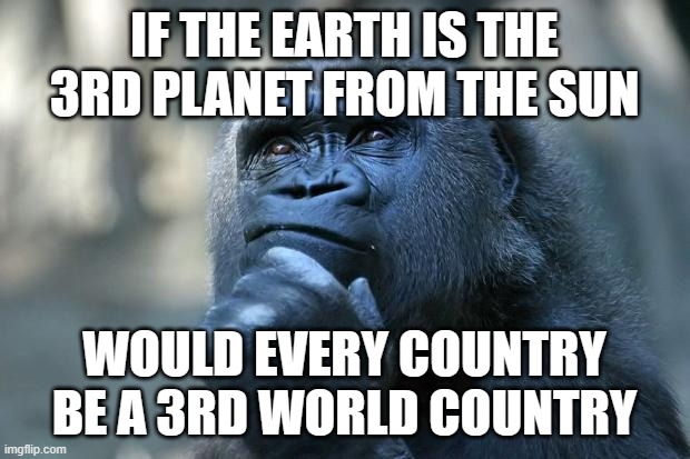 Deep Thoughts | IF THE EARTH IS THE 3RD PLANET FROM THE SUN; WOULD EVERY COUNTRY BE A 3RD WORLD COUNTRY | image tagged in deep thoughts | made w/ Imgflip meme maker