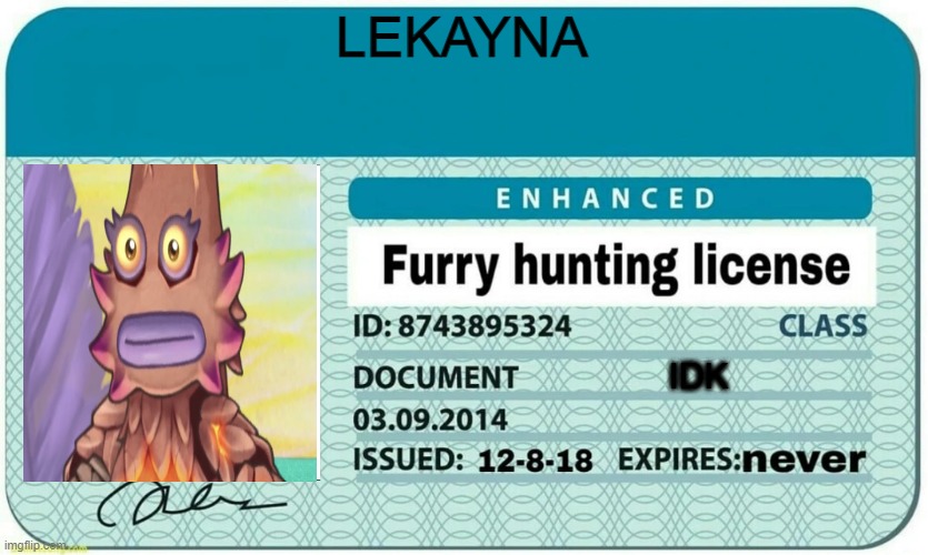 furry hunting license | LEKAYNA IDK | image tagged in furry hunting license | made w/ Imgflip meme maker