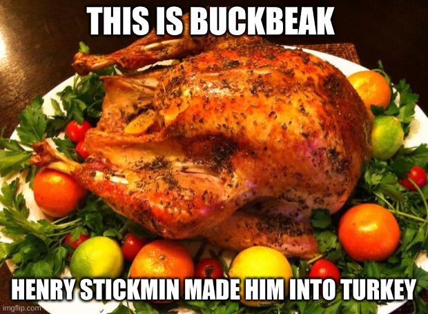 w | THIS IS BUCKBEAK; HENRY STICKMIN MADE HIM INTO TURKEY | image tagged in roasted turkey,henry stickmin | made w/ Imgflip meme maker