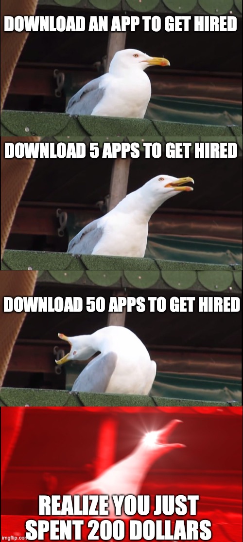Inhaling Seagull | DOWNLOAD AN APP TO GET HIRED; DOWNLOAD 5 APPS TO GET HIRED; DOWNLOAD 50 APPS TO GET HIRED; REALIZE YOU JUST SPENT 200 DOLLARS | image tagged in memes,inhaling seagull | made w/ Imgflip meme maker