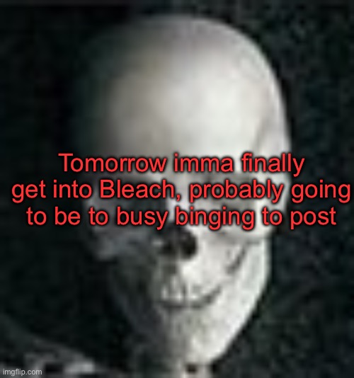 . | Tomorrow imma finally get into Bleach, probably going to be to busy binging to post | image tagged in skull | made w/ Imgflip meme maker