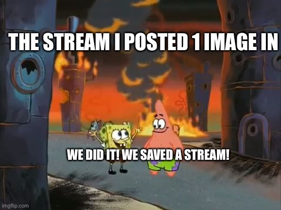 "We did it, Patrick! We saved the City!" | THE STREAM I POSTED 1 IMAGE IN; WE DID IT! WE SAVED A STREAM! | image tagged in we did it patrick we saved the city | made w/ Imgflip meme maker