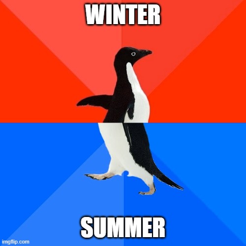 A Change of Seasons | WINTER; SUMMER | image tagged in memes,socially awesome awkward penguin | made w/ Imgflip meme maker