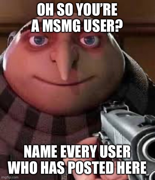 Gru pointing a gun | OH SO YOU’RE A MSMG USER? NAME EVERY USER WHO HAS POSTED HERE | image tagged in gru pointing a gun | made w/ Imgflip meme maker