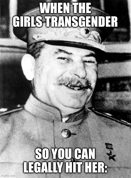 Stalin smile | WHEN THE GIRLS TRANSGENDER; SO YOU CAN LEGALLY HIT HER: | image tagged in stalin smile | made w/ Imgflip meme maker