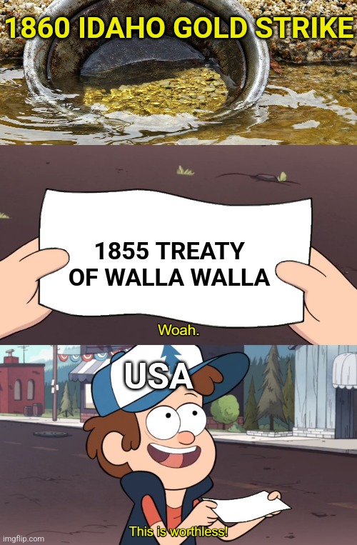 1860 IDAHO GOLD STRIKE; 1855 TREATY OF WALLA WALLA; USA | image tagged in gold panning,this is worthless | made w/ Imgflip meme maker