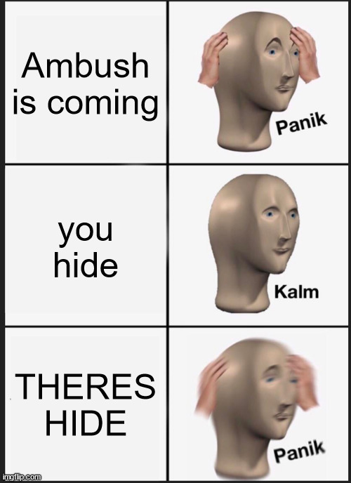 PLEASE NOT AGAIN | Ambush is coming; you hide; THERES HIDE | image tagged in memes,panik kalm panik | made w/ Imgflip meme maker