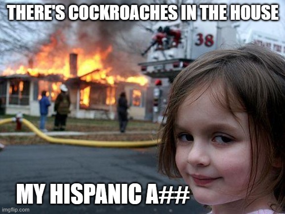 Disaster Girl | THERE'S COCKROACHES IN THE HOUSE; MY HISPANIC A## | image tagged in memes,disaster girl | made w/ Imgflip meme maker