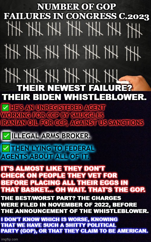 ? And another one gone, another one gone, another we can't trust...? | NUMBER OF GOP FAILURES IN CONGRESS C.2023; THEIR NEWEST FAILURE?
THEIR BIDEN WHISTLEBLOWER. ✅HE'S AN UNREGISTERED AGENT WORKING FOR CCP BY SMUGGLES IRANIAN OIL FOR CCP, AGAINST US SANCTIONS; ✅ILLEGAL ARMS BROKER. ✅THEN LYING TO FEDERAL AGENTS ABOUT ALL OF IT. IT'S ALMOST LIKE THEY DON'T CHECK ON PEOPLE THEY VET FOR BEFORE PLACING ALL THEIR EGGS IN THAT BASKET... OH WAIT. THAT'S THE GOP. THE BEST/WORST PART? THE CHARGES WERE FILED IN NOVEMBER OF 2022, BEFORE THE ANNOUNCEMENT OF THE WHISTLEBLOWER. I DON'T KNOW WHICH IS WORSE, KNOWING THAT WE HAVE SUCH A SHITTY POLITICAL PARTY (GOP), OR THAT THEY CLAIM TO BE AMERICAN. | image tagged in tally marks on chalkboard,black screen,gop,whistleblower,biden,china | made w/ Imgflip meme maker