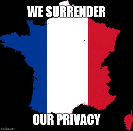 From the makers of the word "surveillance" | WE SURRENDER; OUR PRIVACY | image tagged in france | made w/ Imgflip meme maker