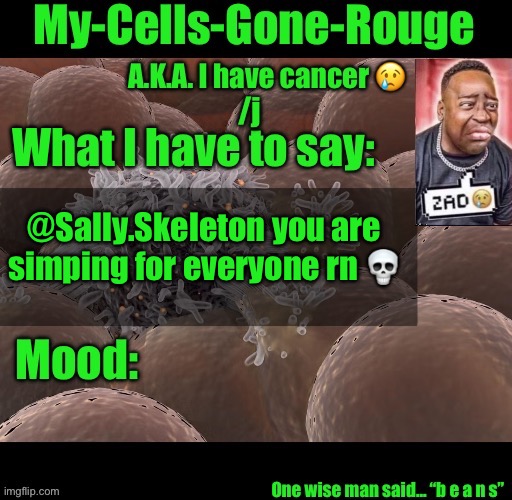 My-Cells-Gone-Rouge announcement | @Sally.Skeleton you are simping for everyone rn 💀 | image tagged in my-cells-gone-rouge announcement | made w/ Imgflip meme maker