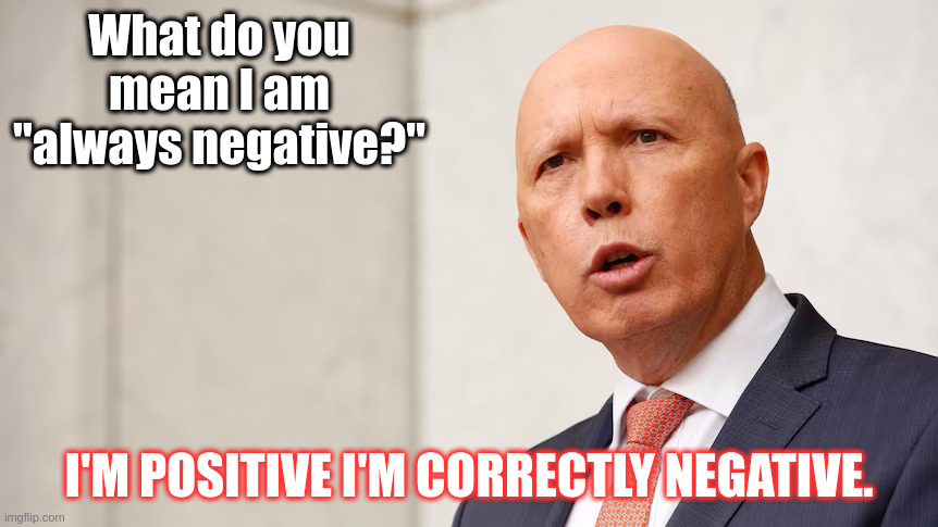 Peter Being sure about Negativirty | What do you mean I am "always negative?"; I'M POSITIVE I'M CORRECTLY NEGATIVE. | image tagged in peter dutton | made w/ Imgflip meme maker
