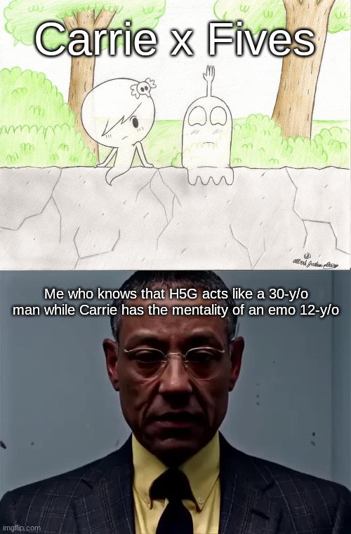 THP moment | Carrie x Fives; Me who knows that H5G acts like a 30-y/o man while Carrie has the mentality of an emo 12-y/o | image tagged in gus fring flashback | made w/ Imgflip meme maker