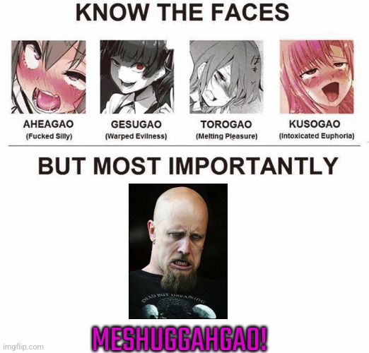 Meshuggah Gao | MESHUGGAHGAO! | image tagged in types of gao,ahegao,meshuggah,MetalAniMemes | made w/ Imgflip meme maker