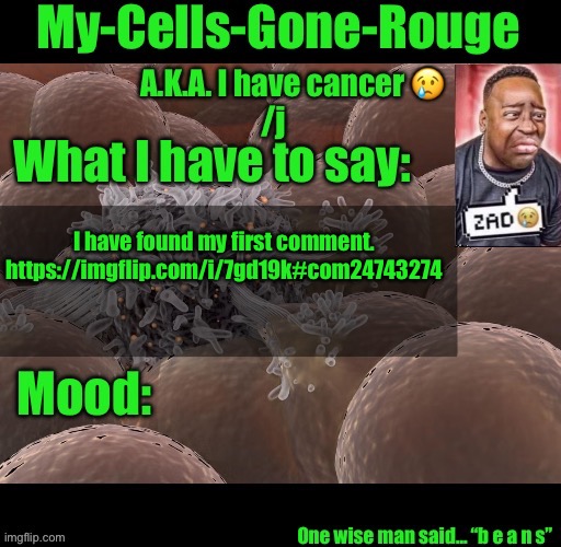 My-Cells-Gone-Rouge announcement | I have found my first comment.
https://imgflip.com/i/7gd19k#com24743274 | image tagged in my-cells-gone-rouge announcement | made w/ Imgflip meme maker