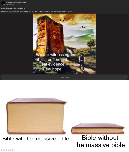 Hmmmmmmm | Bible without the massive bible; Bible with the massive bible | image tagged in big book small book | made w/ Imgflip meme maker