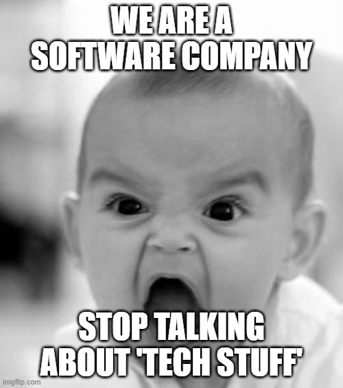 there is no 'tech stuff' in Software Companies | WE ARE A SOFTWARE COMPANY; STOP TALKING ABOUT 'TECH STUFF' | image tagged in memes,angry baby,technology,software | made w/ Imgflip meme maker