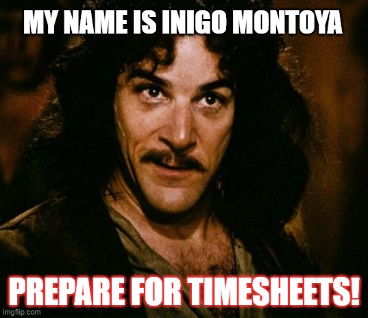 Timesheets | MY NAME IS INIGO MONTOYA; PREPARE FOR TIMESHEETS! | image tagged in you keep using that word | made w/ Imgflip meme maker