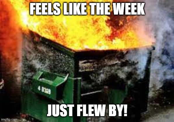 Dumpster Fire Week | FEELS LIKE THE WEEK; JUST FLEW BY! | image tagged in friday,dumpster fire,whole week | made w/ Imgflip meme maker
