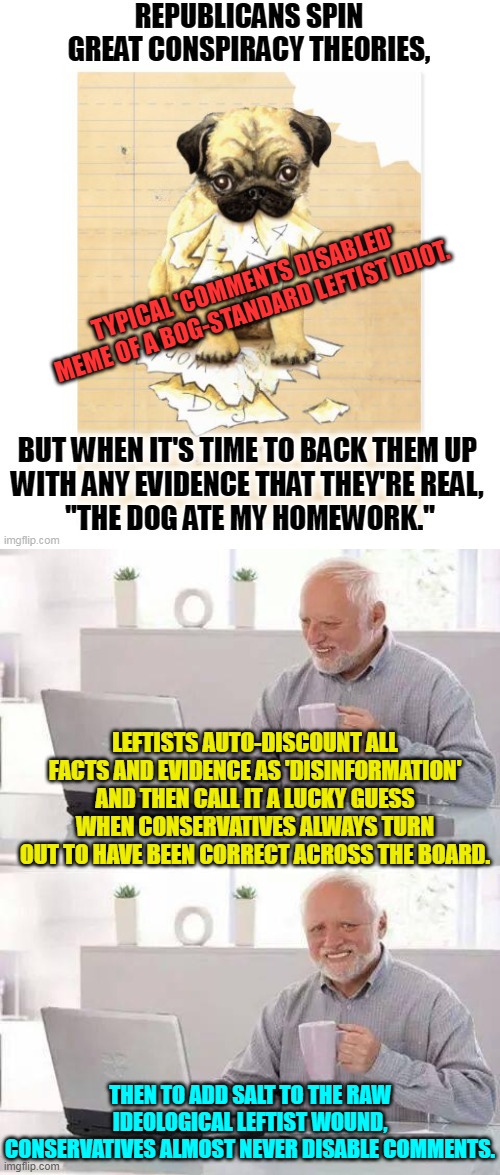 Sometimes these idiotic leftists make it too easy. | TYPICAL 'COMMENTS DISABLED' MEME OF A BOG-STANDARD LEFTIST IDIOT. LEFTISTS AUTO-DISCOUNT ALL FACTS AND EVIDENCE AS 'DISINFORMATION' AND THEN CALL IT A LUCKY GUESS WHEN CONSERVATIVES ALWAYS TURN OUT TO HAVE BEEN CORRECT ACROSS THE BOARD. THEN TO ADD SALT TO THE RAW IDEOLOGICAL LEFTIST WOUND, CONSERVATIVES ALMOST NEVER DISABLE COMMENTS. | image tagged in truth | made w/ Imgflip meme maker