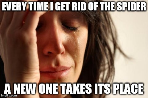 First World Problems | EVERY TIME I GET RID OF THE SPIDER A NEW ONE TAKES ITS PLACE | image tagged in memes,first world problems | made w/ Imgflip meme maker
