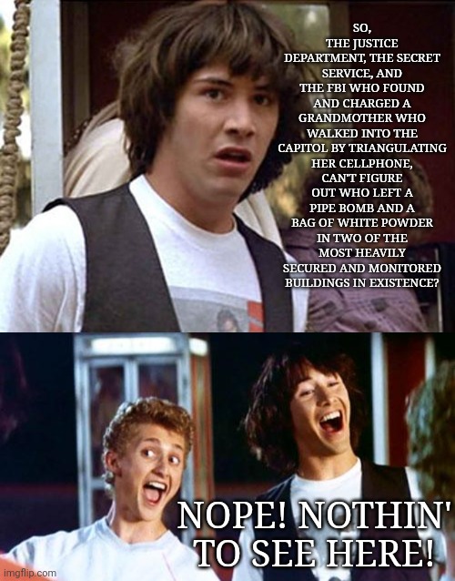 SO, THE JUSTICE DEPARTMENT, THE SECRET SERVICE, AND THE FBI WHO FOUND AND CHARGED A GRANDMOTHER WHO WALKED INTO THE CAPITOL BY TRIANGULATING | image tagged in bill and ted whoa,bill and ted | made w/ Imgflip meme maker