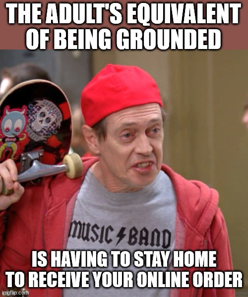 Having to wait for the courier | THE ADULT'S EQUIVALENT OF BEING GROUNDED; IS HAVING TO STAY HOME TO RECEIVE YOUR ONLINE ORDER | image tagged in cool adult,online shopping,grounded,adults | made w/ Imgflip meme maker