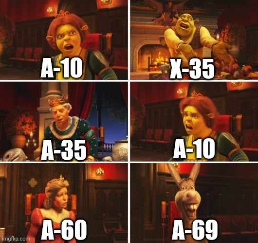 Shrek Fiona Harold Donkey | A-10; X-35; A-10; A-35; A-69; A-60 | image tagged in shrek fiona harold donkey | made w/ Imgflip meme maker