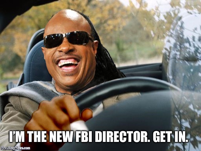 Stevie Wonder driving | I’M THE NEW FBI DIRECTOR. GET IN. | image tagged in stevie wonder driving | made w/ Imgflip meme maker