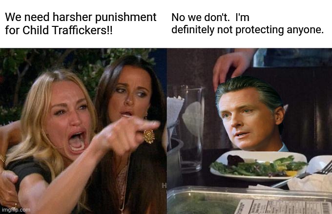 Why would California block a bill that makes punishment for child traffickers harsher?  Hmmmmm | We need harsher punishment for Child Traffickers!! No we don't.  I'm definitely not protecting anyone. | image tagged in memes,woman yelling at cat | made w/ Imgflip meme maker