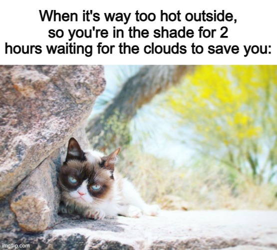 *Patiently waiting* | When it's way too hot outside, so you're in the shade for 2 hours waiting for the clouds to save you: | image tagged in grumpy in paradise | made w/ Imgflip meme maker