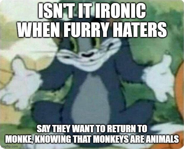 No. It is not a racist joke. | ISN'T IT IRONIC WHEN FURRY HATERS; SAY THEY WANT TO RETURN TO MONKE, KNOWING THAT MONKEYS ARE ANIMALS | image tagged in tom shrugging,furry,anti furry | made w/ Imgflip meme maker