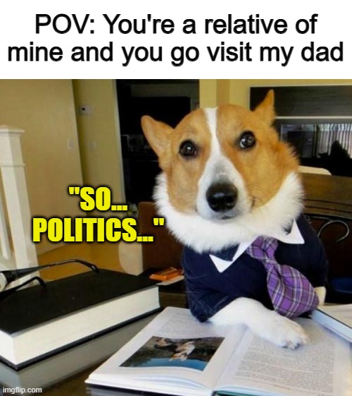 I set a timer for how long it would be until they brought something political up, and it only took a minute -_- | POV: You're a relative of mine and you go visit my dad; "SO... POLITICS..." | image tagged in lawyer corgi dog | made w/ Imgflip meme maker
