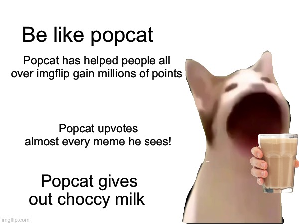 Be like popcat. | Be like popcat; Popcat has helped people all over imgflip gain millions of points; Popcat upvotes almost every meme he sees! Popcat gives out choccy milk | image tagged in choccy milk,cat,memes,funny memes | made w/ Imgflip meme maker