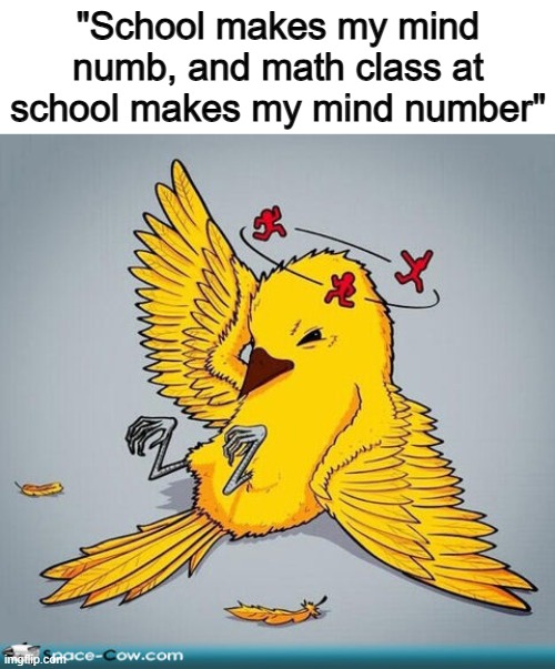 Comedy gold :] | "School makes my mind numb, and math class at school makes my mind number" | image tagged in dizzy | made w/ Imgflip meme maker