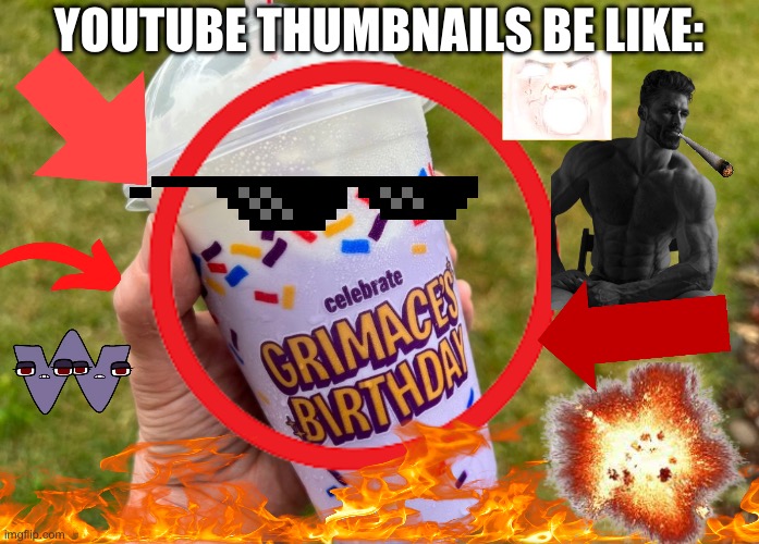 “I drank grimace shake mukbang” | YOUTUBE THUMBNAILS BE LIKE: | image tagged in grimace,shake,youtube | made w/ Imgflip meme maker