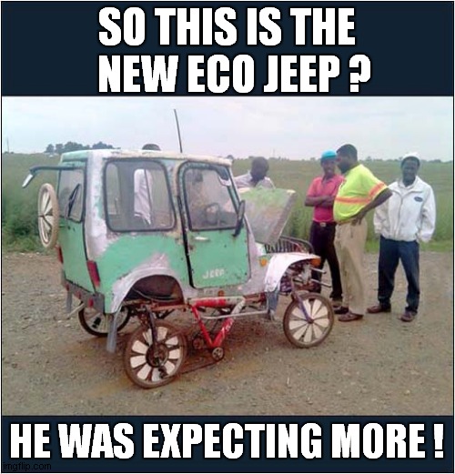 Unimpressed Potential Customer ! | SO THIS IS THE
  NEW ECO JEEP ? HE WAS EXPECTING MORE ! | image tagged in cars,eco,jeep,unimpressed | made w/ Imgflip meme maker
