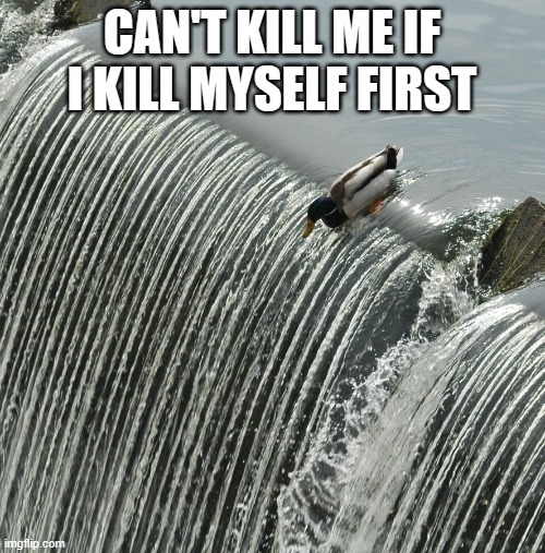 Duck over waterfall | CAN'T KILL ME IF I KILL MYSELF FIRST | image tagged in duck over waterfall | made w/ Imgflip meme maker