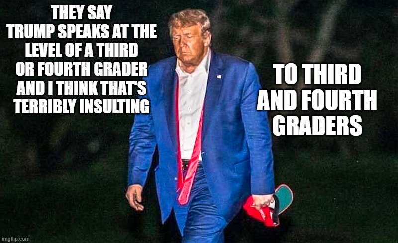 Defeated Trump Meme | TO THIRD AND FOURTH GRADERS; THEY SAY TRUMP SPEAKS AT THE LEVEL OF A THIRD OR FOURTH GRADER AND I THINK THAT'S TERRIBLY INSULTING | image tagged in defeated trump meme | made w/ Imgflip meme maker
