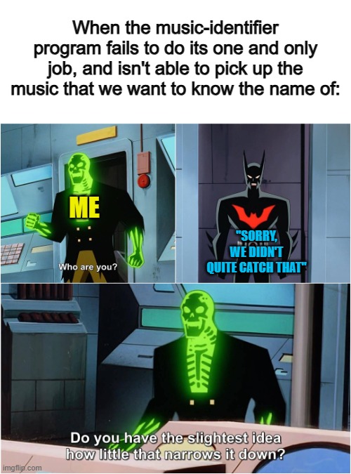 What a bummer :( | When the music-identifier program fails to do its one and only job, and isn't able to pick up the music that we want to know the name of:; ME; "SORRY, WE DIDN'T QUITE CATCH THAT" | image tagged in batman beyond | made w/ Imgflip meme maker