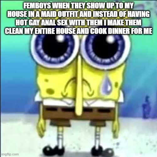Sad Spongebob | FEMBOYS WHEN THEY SHOW UP TO MY HOUSE IN A MAID OUTFIT AND INSTEAD OF HAVING HOT GAY ANAL SEX WITH THEM I MAKE THEM CLEAN MY ENTIRE HOUSE AND COOK DINNER FOR ME | image tagged in sad spongebob | made w/ Imgflip meme maker