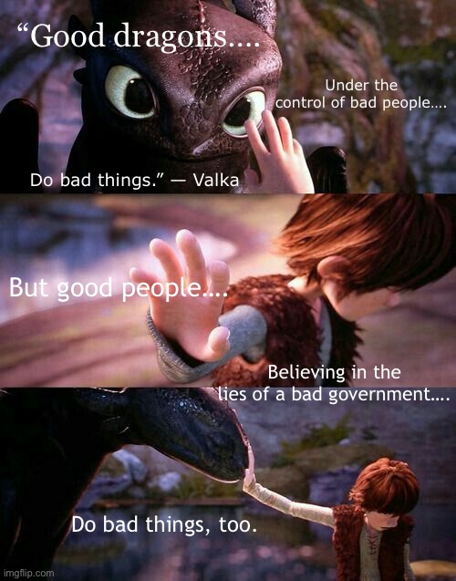 The lies need to stop, everyone. If a house divided against itself cannot stand, then the same goes for our country. | “Good dragons…. Under the control of bad people…. Do bad things.” — Valka; But good people…. Believing in the lies of a bad government…. Do bad things, too. | image tagged in hiccup and toothles | made w/ Imgflip meme maker