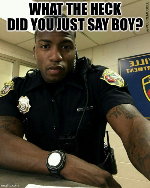 The Black Cop | WHAT THE HECK DID YOU JUST SAY BOY? | image tagged in the black cop | made w/ Imgflip meme maker