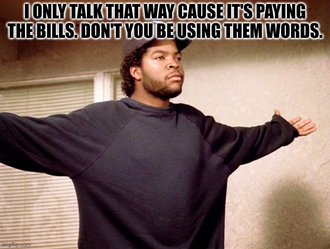 ice cube | I ONLY TALK THAT WAY CAUSE IT'S PAYING THE BILLS. DON'T YOU BE USING THEM WORDS. | image tagged in ice cube | made w/ Imgflip meme maker