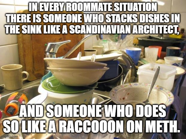 dirty dishes | IN EVERY ROOMMATE SITUATION THERE IS SOMEONE WHO STACKS DISHES IN THE SINK LIKE A SCANDINAVIAN ARCHITECT, AND SOMEONE WHO DOES SO LIKE A RACCOOON ON METH. | image tagged in dirty dishes,funny,roommates | made w/ Imgflip meme maker
