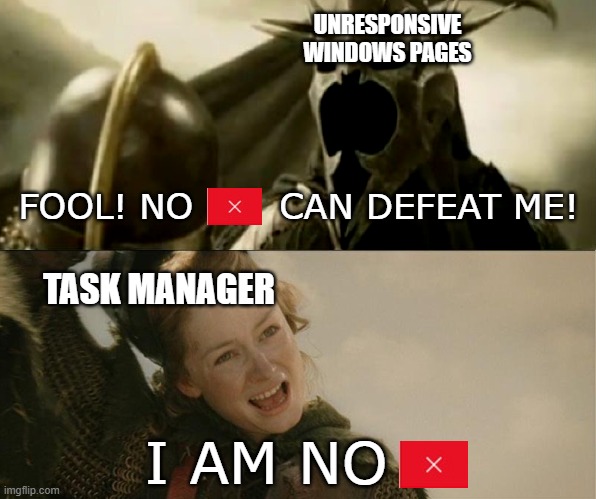 the ultimate weapon | UNRESPONSIVE WINDOWS PAGES; FOOL! NO       CAN DEFEAT ME! TASK MANAGER; I AM NO | image tagged in i am no man | made w/ Imgflip meme maker