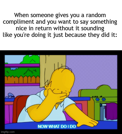 HELP ME! | When someone gives you a random compliment and you want to say something nice in return without it sounding like you're doing it just because they did it:; NOW WHAT DO I DO | image tagged in blank white template,homer head in hands,compliment,funny,funny memes,fun | made w/ Imgflip meme maker