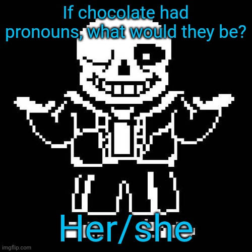 Only the most cultured among you will get the joke | If chocolate had pronouns, what would they be? Her/she | image tagged in sans undertale | made w/ Imgflip meme maker