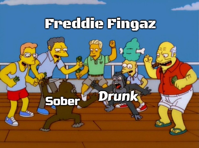 Simpsons Monkey Fight | Freddie Fingaz; Drunk; Sober | image tagged in simpsons monkey fight,slavic,freddie fingaz | made w/ Imgflip meme maker