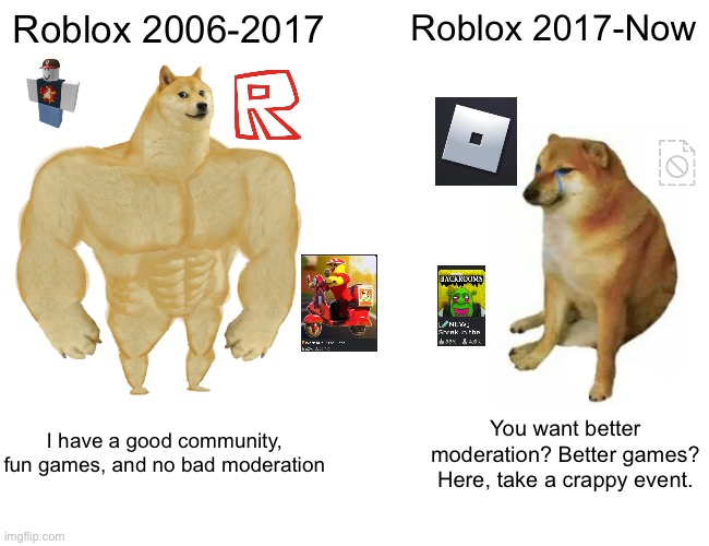 Buff Doge vs. Cheems Meme | Roblox 2006-2017; Roblox 2017-Now; I have a good community, fun games, and no bad moderation; You want better moderation? Better games? Here, take a crappy event. | image tagged in memes,buff doge vs cheems | made w/ Imgflip meme maker